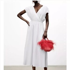NWT ZARA White Cotton Midi Dress with Tie-Back M
